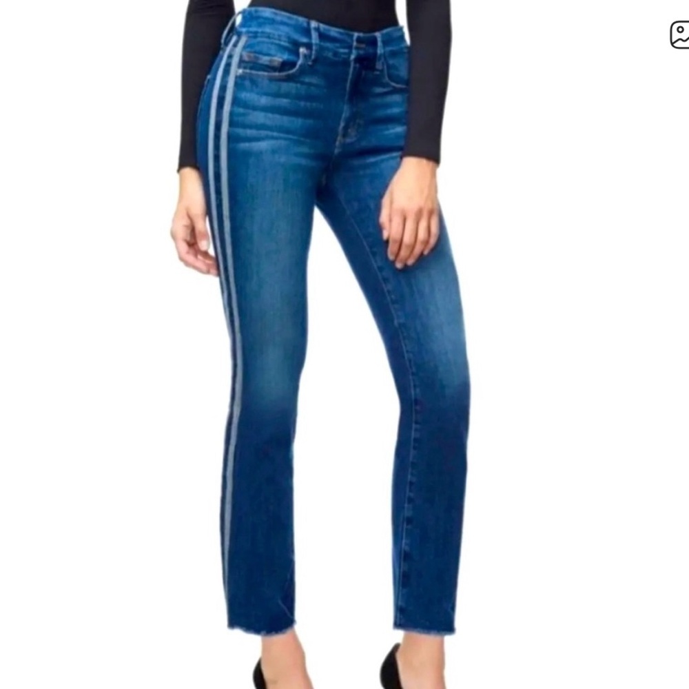 Good American Dark BlueStraight Flare Jeans with Side Stripes